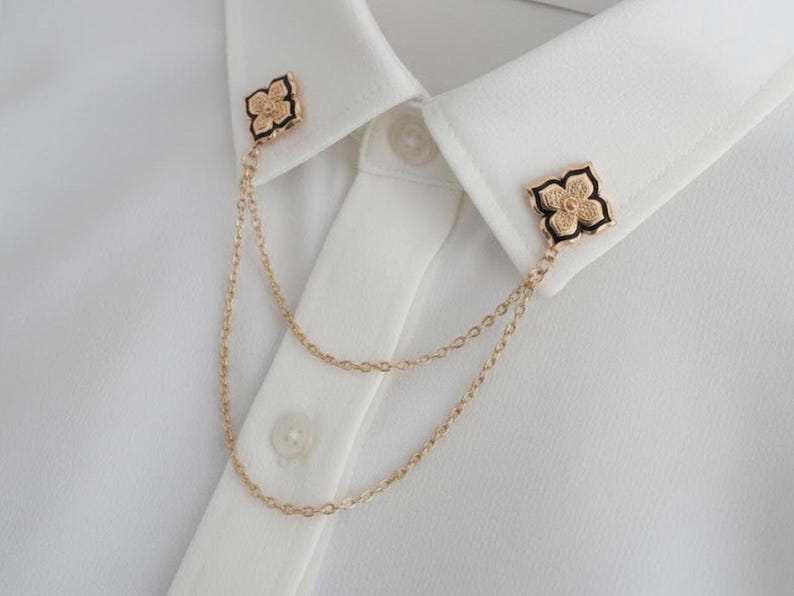 Handmade Gold & Black Flower Collar Chain Pin for Women | Vintage Style Shirt Collar Clip