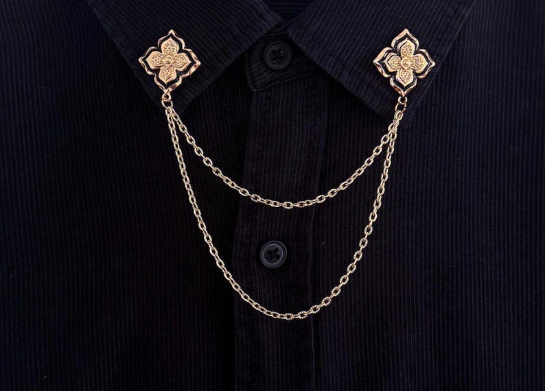 Handmade Gold & Black Flower Collar Chain Pin for Women | Vintage Style Shirt Collar Clip