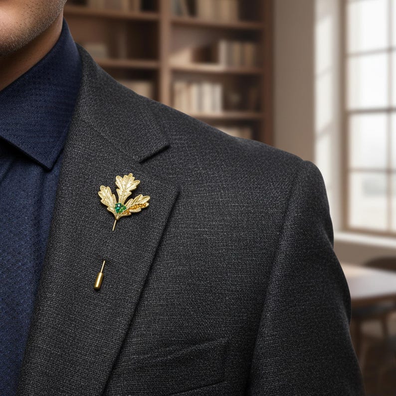 Gold Leaf Lapel Pin – Handmade Green Amber Crystal Suit Accessory
