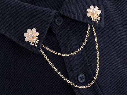 Collar Pins for Women – Elegant Floral Lapel Pin with Double Chain – Korea Style Pin