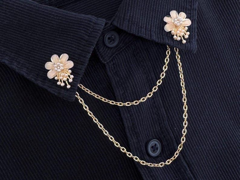Collar Pins for Women – Elegant Floral Lapel Pin with Double Chain – Korea Style Pin