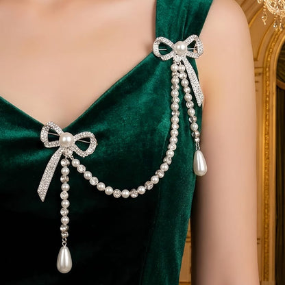 Pearl Chain Bow Brooch - Sparkling Dual-Bow Lapel Pin for Blazer Decor