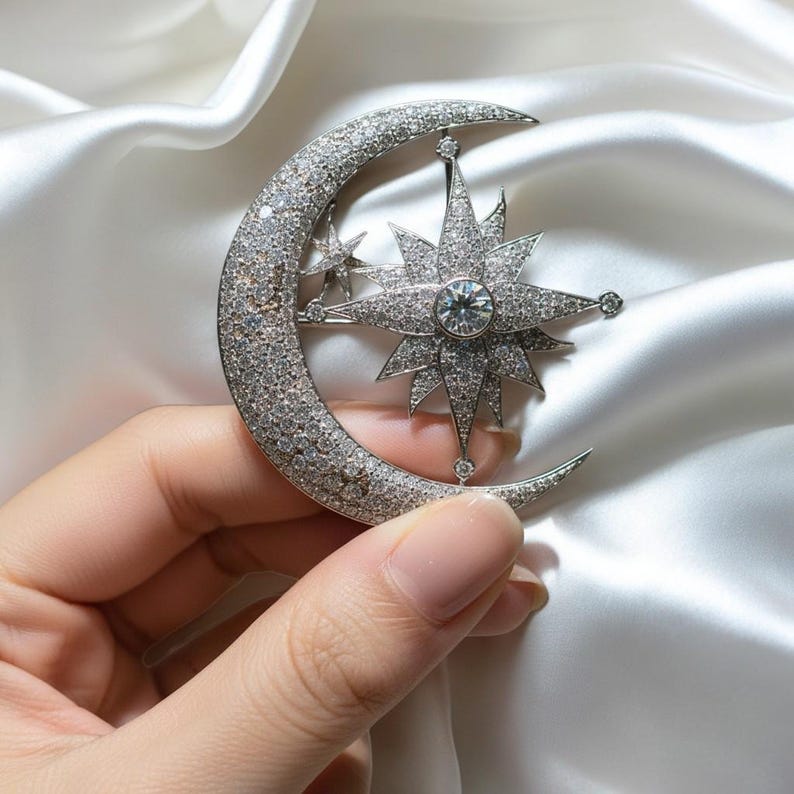 Exquisite micro-pave zircon moon and star brooch, vintage goddess women pins promise gift.