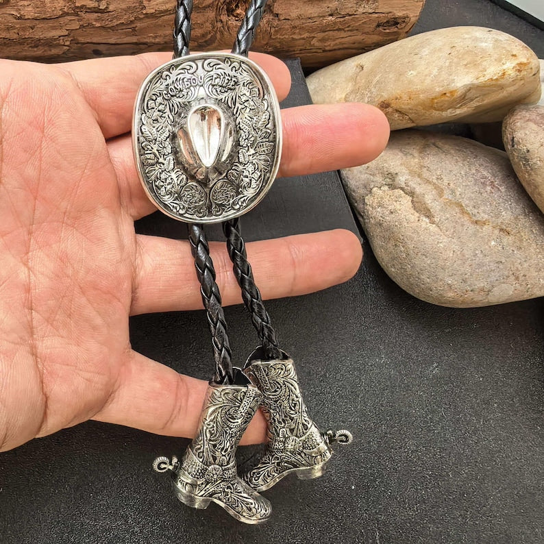 Cowboys Hat Mens Groomsmen Bridegroom Bola Bolo Tie Western Wedding Necklace - Boots Pendents Necktie