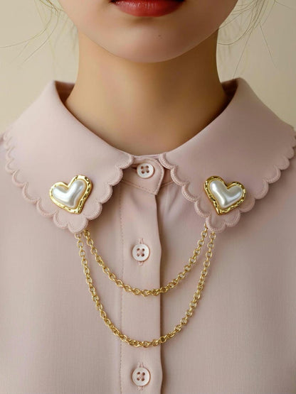 Heart Pearl Collar Pin with Double Gold Chain – Elegant Vintage-Inspired Brooch for Shirts & Dresses