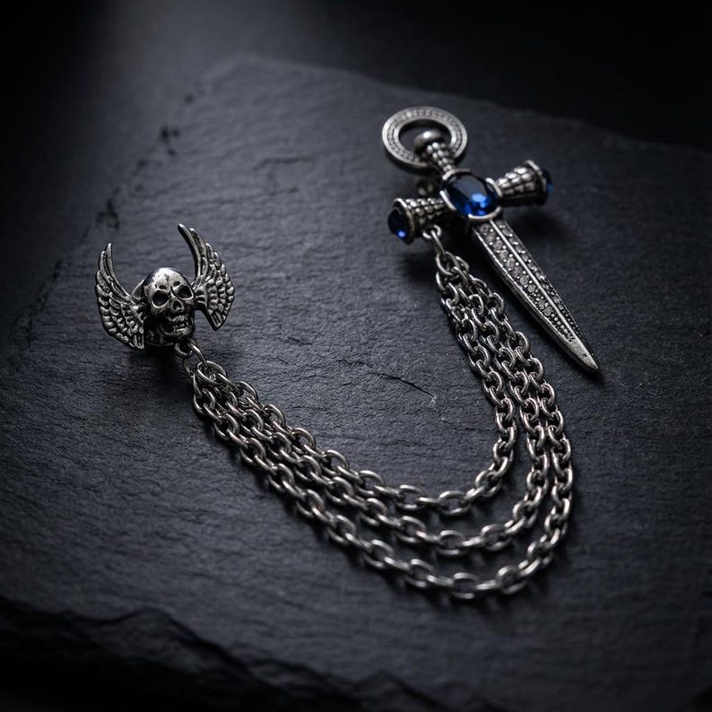 Antique Silver Crystal Cross Brooch Chain,Men's Suit Collar Pin for Wedding,Lapel Chain Pin,Gifts for men