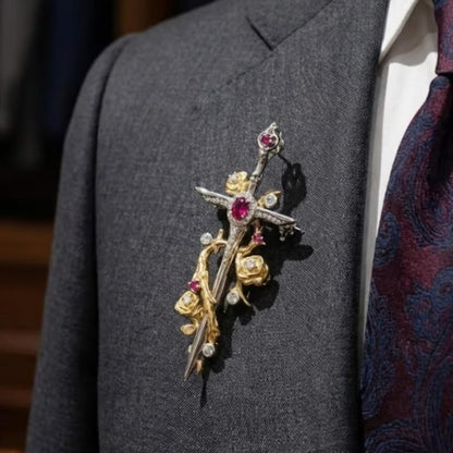 Cross & Rose Sword Brooch - Gemstone Accented Statement Pin