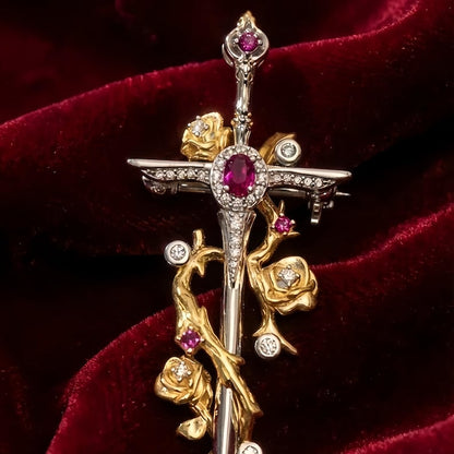 Cross & Rose Sword Brooch - Gemstone Accented Statement Pin