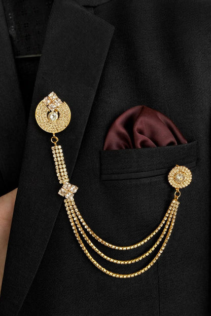 Gold Crystal Chain Brooch for Men, Luxury Black Suit Lapel pin, Wedding Coat Brooch.