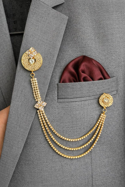 Gold Crystal Chain Brooch for Men, Luxury Black Suit Lapel pin, Wedding Coat Brooch.