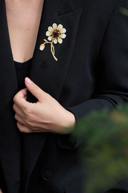 Morado Garnet Mother of Pearl Flower Brooch, Gold Plated Silver, Multi-Wear Pin