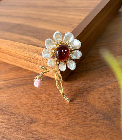 Morado Garnet Mother of Pearl Flower Brooch, Gold Plated Silver, Multi-Wear Pin