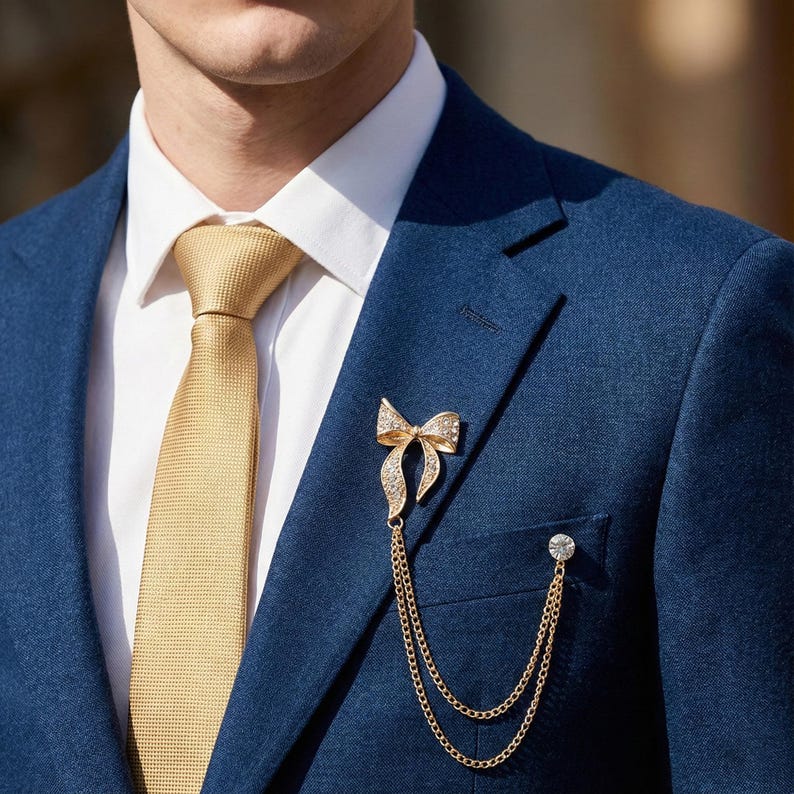 Gold bow brooch, gold bow lapel pin, tassel style, men's brooch, groom's gift, suit accessory, shirt button, men's accessory