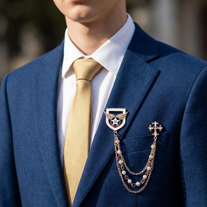 Antique Silver Crystal Cross Brooch Chain,Men's Suit Collar Pin for Wedding,Lapel Chain Pin,Gifts for men