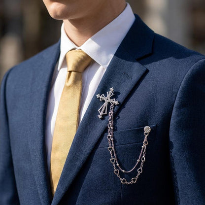 Antique Silver Crystal Cross Brooch Chain,Men's Suit Collar Pin for Wedding,Lapel Chain Pin,Gifts for men