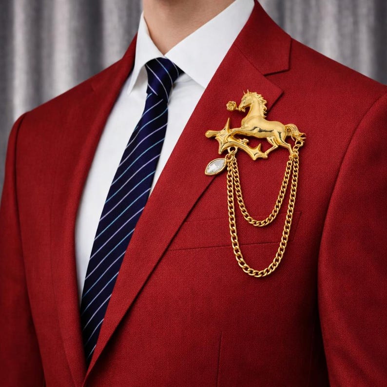 Pegasus Lapel Pin with Chain – Gold Tone Zinc Alloy Suit Brooch for Men, Gift for Him