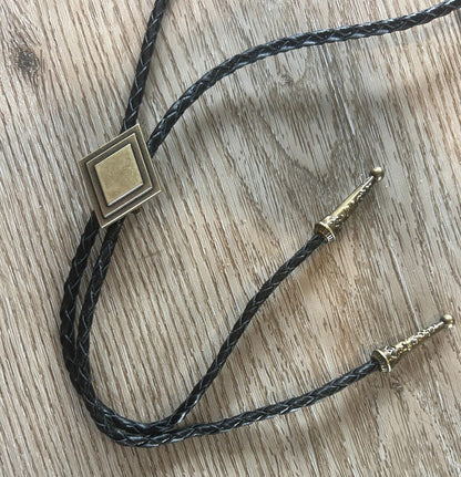 Antique Gold Diamond Bolo Tie : Black Leather Cord Cowboy Necktie