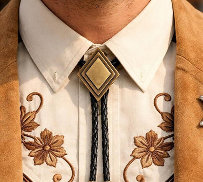 Antique Gold Diamond Bolo Tie : Black Leather Cord Cowboy Necktie