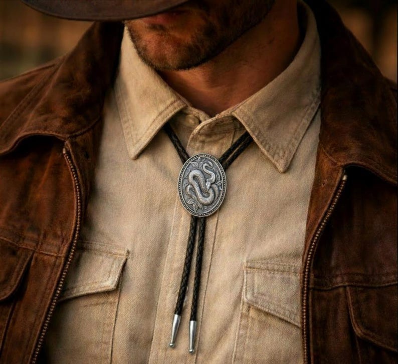 Pendentif Bolo Ovale Serpent pour Homme – Cravate en Cordon de Cuir Style Western, Motif Animal, Cadeau Mode Cowboy