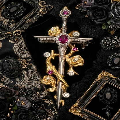 Cross & Rose Sword Brooch - Gemstone Accented Statement Pin