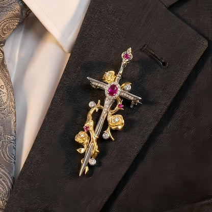 Cross & Rose Sword Brooch - Gemstone Accented Statement Pin