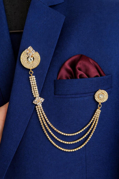 Gold Crystal Chain Brooch for Men, Luxury Black Suit Lapel pin, Wedding Coat Brooch.