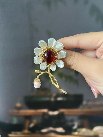 Morado Garnet Mother of Pearl Flower Brooch, Gold Plated Silver, Multi-Wear Pin