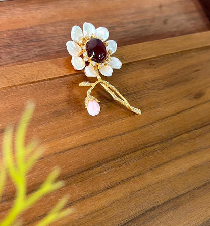 Morado Garnet Mother of Pearl Flower Brooch, Gold Plated Silver, Multi-Wear Pin