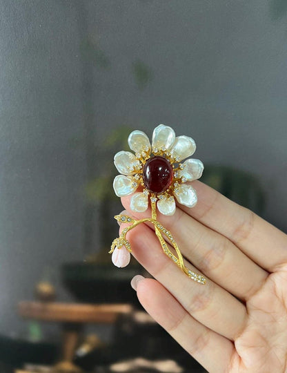 Morado Garnet Mother of Pearl Flower Brooch, Gold Plated Silver, Multi-Wear Pin