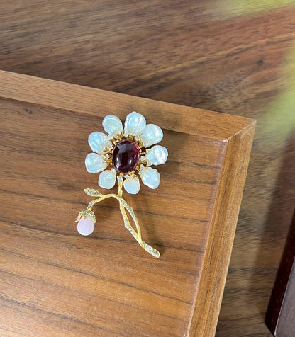 Morado Garnet Mother of Pearl Flower Brooch, Gold Plated Silver, Multi-Wear Pin