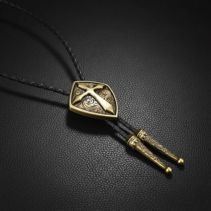 Bolo Cravate Croix Bouclier Western pour Hommes et Femmes - Accessoires de Mariage Cowboy en Laiton Antique