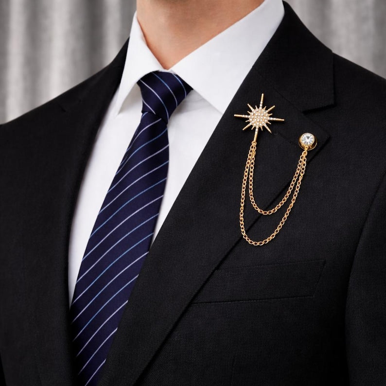 Gold Star Chain Lapel Pin  – Business Suit Brooch