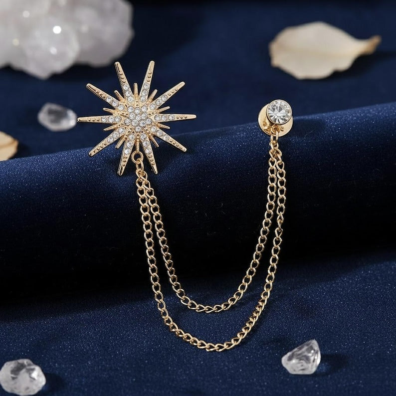 Gold Star Chain Lapel Pin  – Business Suit Brooch