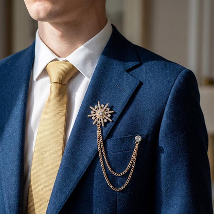 Gold octagonal star chain brooch,tassel style high-end suit and formal wear accessory,new men's brooch,  simple diamond-encrusted corsage