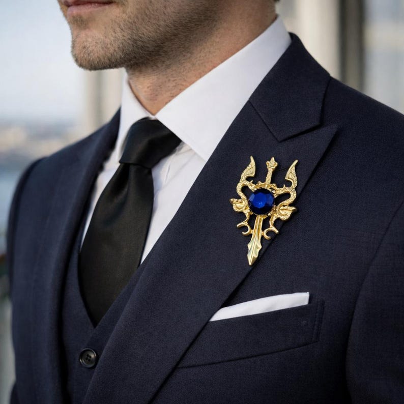 Gold Sword Lapel Pin with Blue Gem – Zinc Alloy Plated Brooch