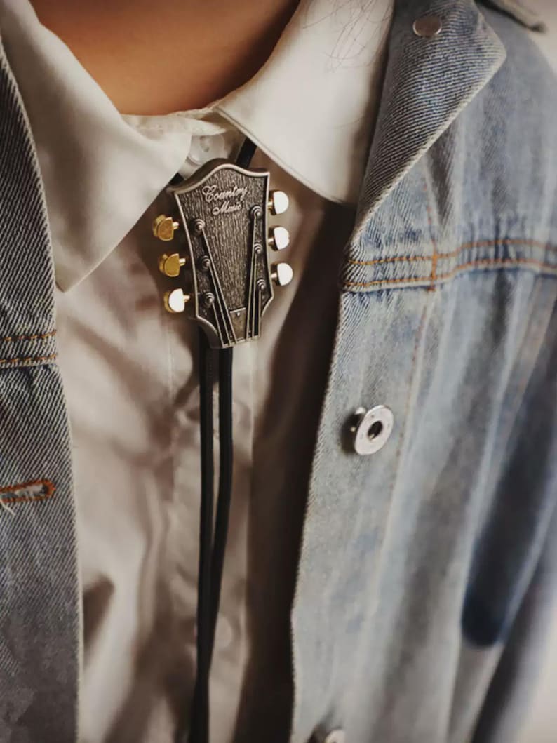 Guitar Headstock Bolo Tie – Vintage Western Music Bolo Tie for Men, Rock Guitar Cowboy Tie Necklace, Handmade Musician Wedding Jewelry