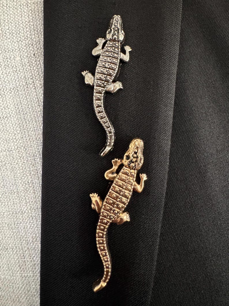 Broche Vintage Alligator, Épingles Crocodile Or & Argent, Bijoux Animaux, Broche de Revers Déclaration, Cadeau Unique pour Elle ou Lui