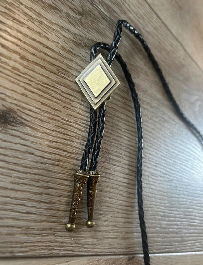 Antique Gold Diamond Bolo Tie : Black Leather Cord Cowboy Necktie