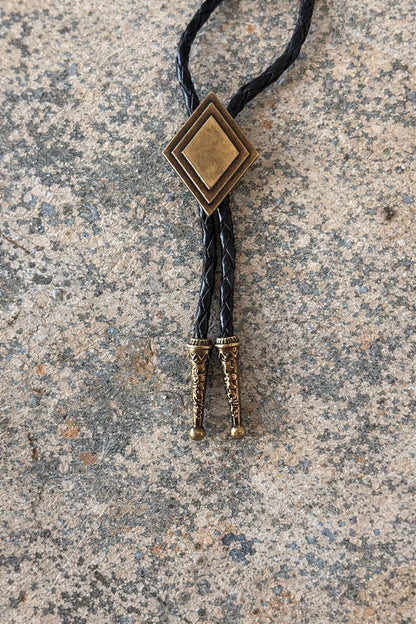 Antique Gold Diamond Bolo Tie : Black Leather Cord Cowboy Necktie