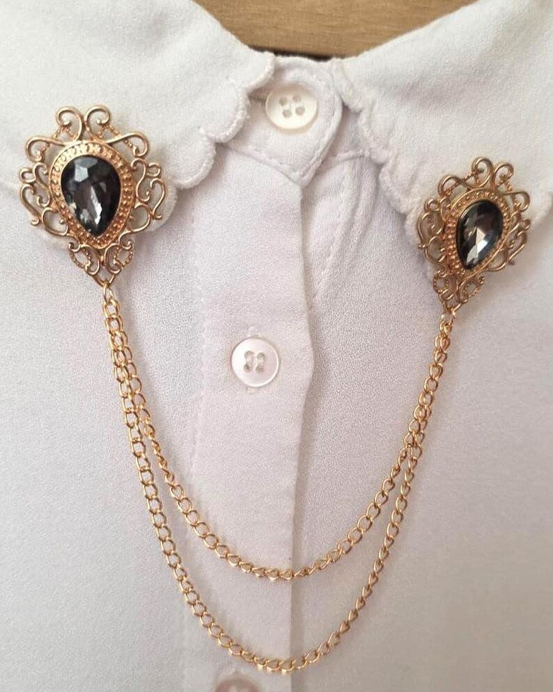 Vintage Style Collar Chain Pin | Gothic Stone Lapel Brooch