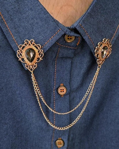Vintage Style Collar Chain Pin | Gothic Stone Lapel Brooch