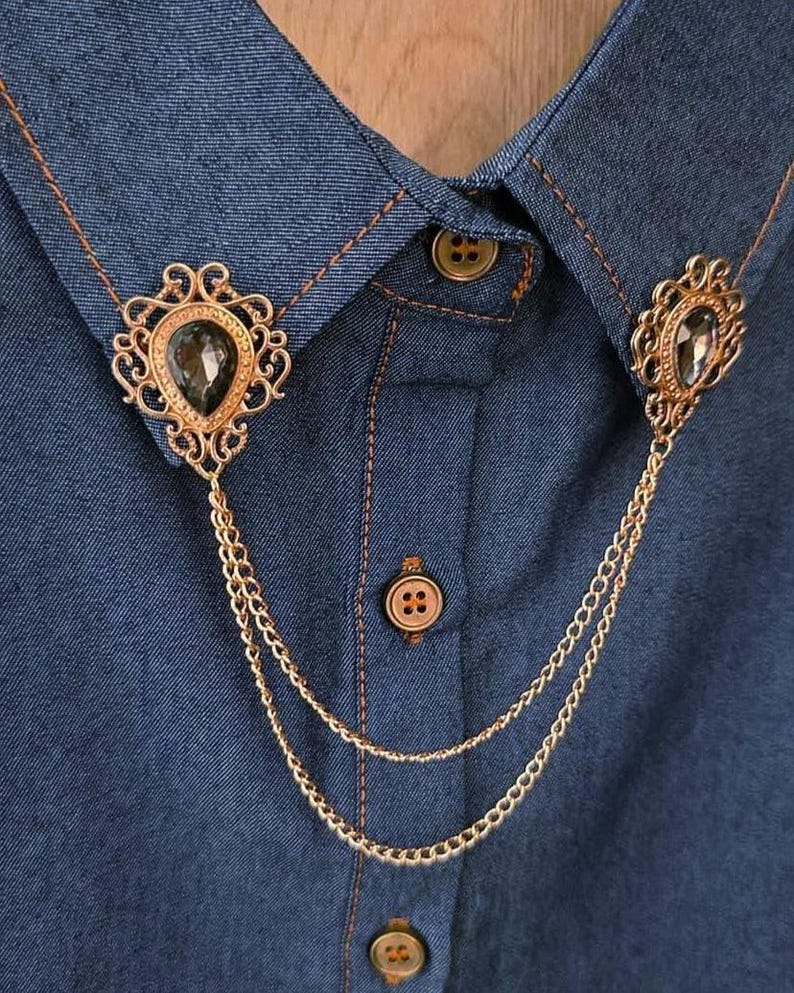 Vintage Style Collar Chain Pin | Gothic Stone Lapel Brooch