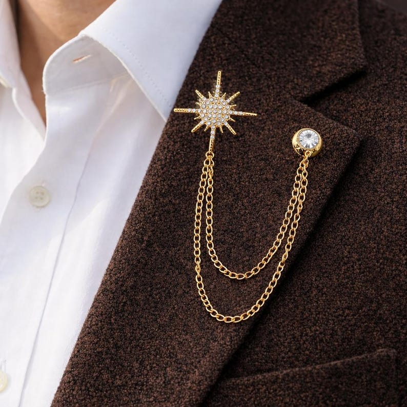 Gold Star Chain Lapel Pin  – Business Suit Brooch