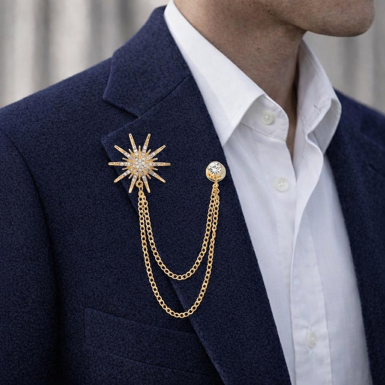 Gold Star Chain Lapel Pin  – Business Suit Brooch