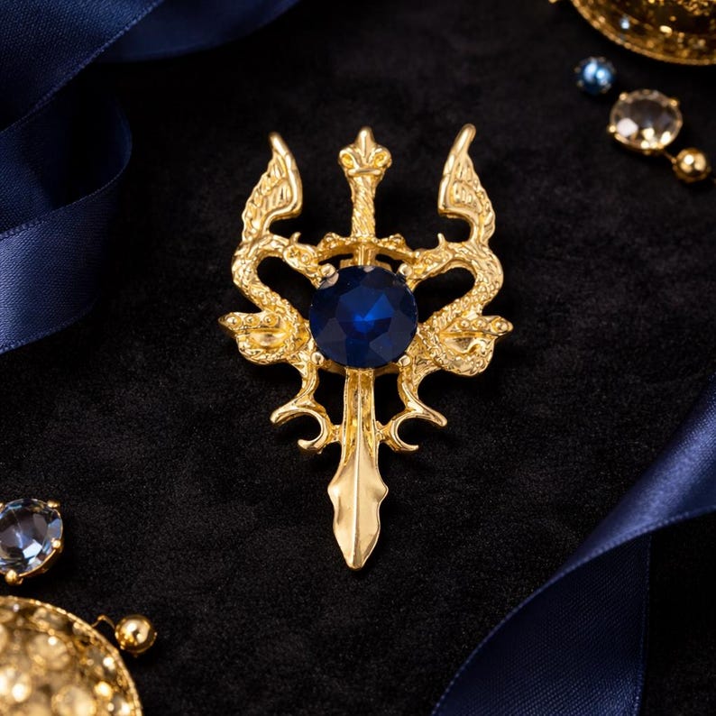 Gold Sword Lapel Pin with Blue Gem – Zinc Alloy Plated Brooch
