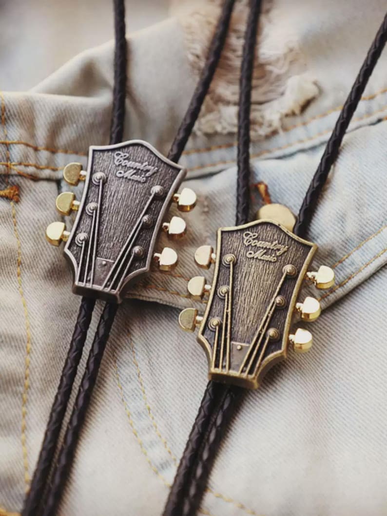 Guitar Headstock Bolo Tie – Vintage Western Music Bolo Tie for Men, Rock Guitar Cowboy Tie Necklace, Handmade Musician Wedding Jewelry