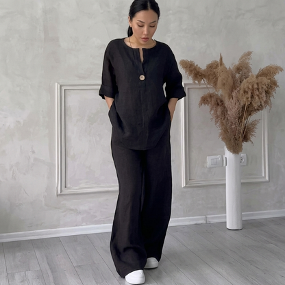 Ensembles deux pièces en mélange de lin pour femme – Haut surdimensionné à col en V et bouton unique, et pantalon à jambes larges, ensemble décontracté d'été pour la détente