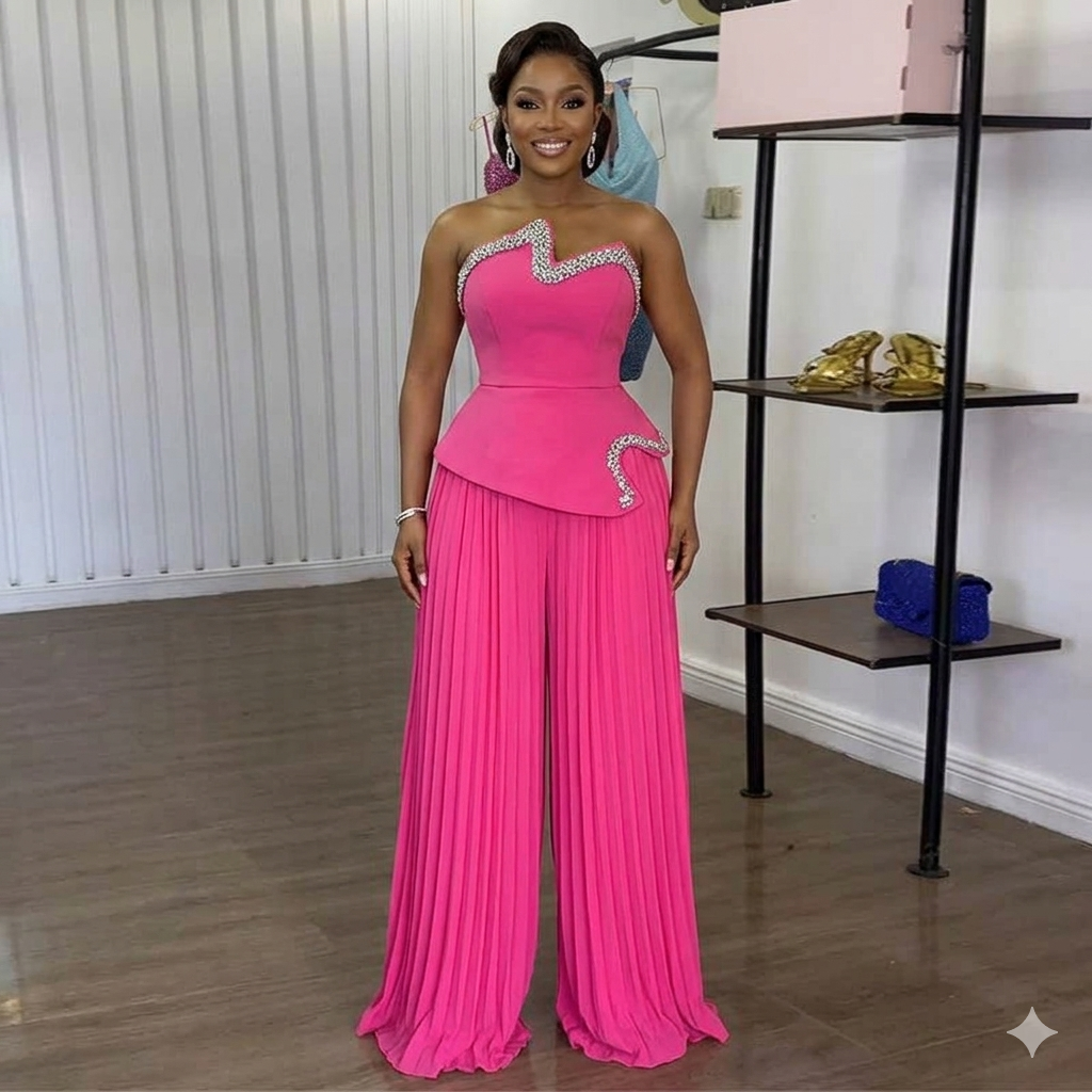 Ensemble deux pièces glamour sans bretelles pour femme – Tunique péplum rose chic et pantalon palazzo plissé fluide, ensemble de soirée sexy