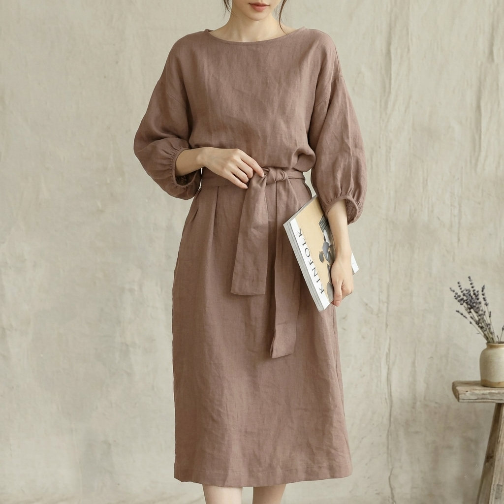 Minimalist Linen Midi Dress with Lantern Sleeves – Boho Chic Tie-Waist Long Dress, Elegant Solid Color Japanese Vintage Style Vestidos