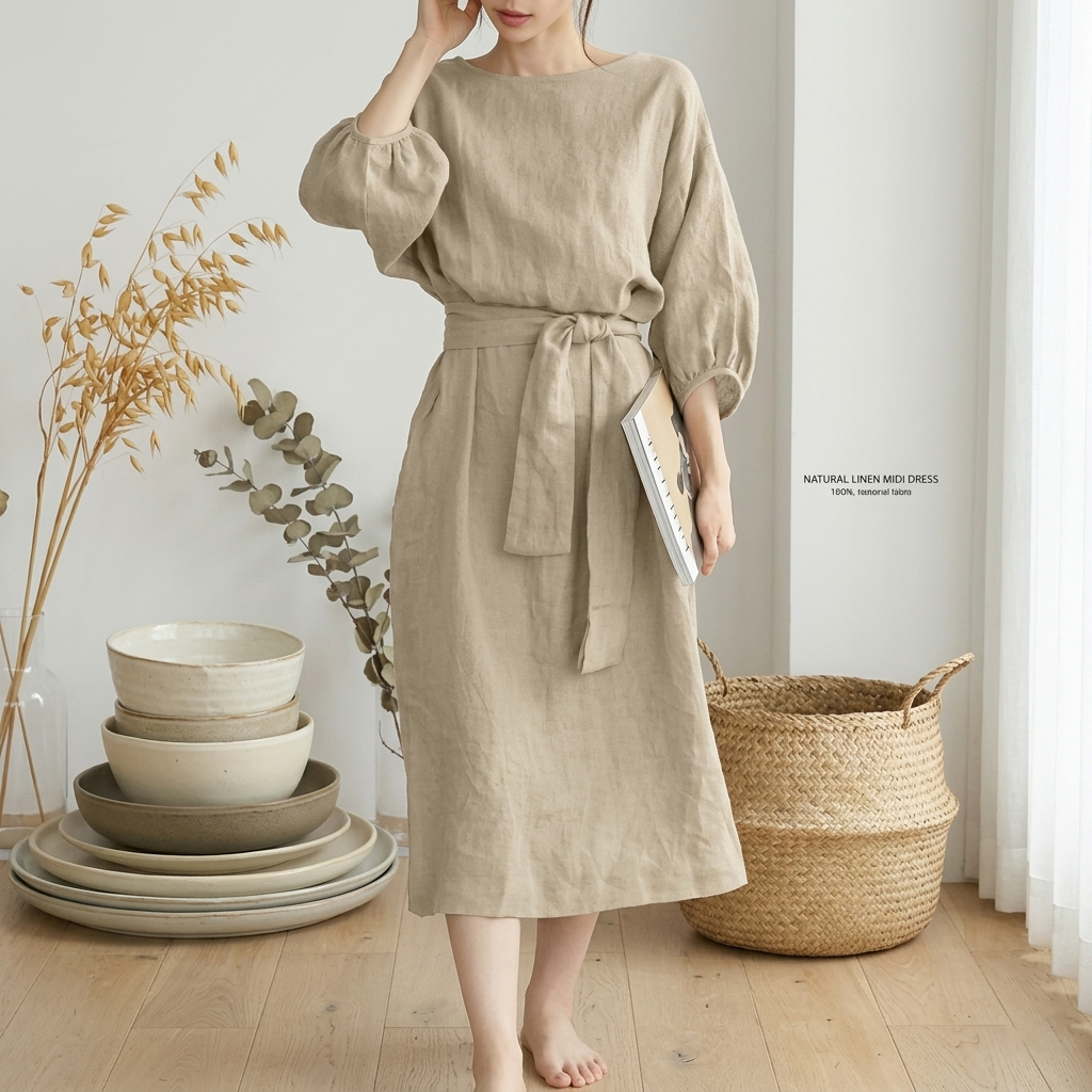 Minimalist Linen Midi Dress with Lantern Sleeves – Boho Chic Tie-Waist Long Dress, Elegant Solid Color Japanese Vintage Style Vestidos